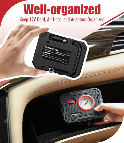 Ultra Portable 12V Tire Inflator Air Compressor With Digital Gauge and LED Light for Cars stored in glove box showing its compact design