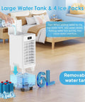 Windowless Portable Air Cooler With 6L Reservoir showing water pouring and 4 ice packs in a living room setting