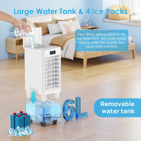 Windowless Portable Air Cooler With 6L Reservoir showing water pouring and 4 ice packs in a living room setting