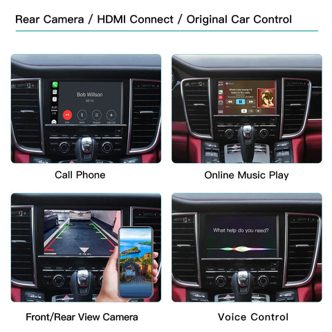 Wireless CarPlay Module for Porsche PCM3.1 Cayenne Macan 911 Panamera Bosxter Android Auto Car Accessory with Plug and Play Setup shown in car dashboard