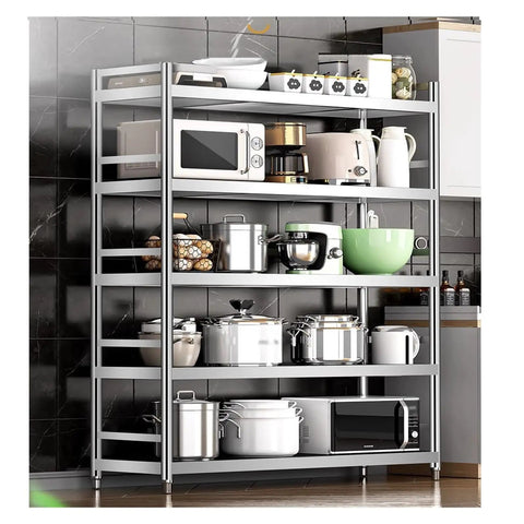Heavy Duty 5 Tier Stainless Steel Shelving Unit Rock Solid Storage Rack With 330 Lb Load Capacity holds kitchen appliances and pots.