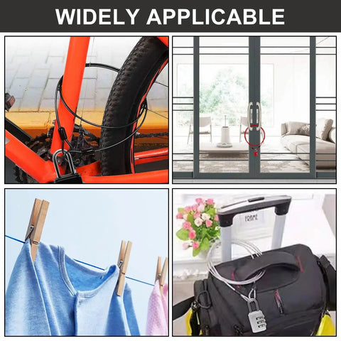 Red Six Point Six Feet Double Loop Security Cable Lock securing bike, door, clothesline, and luggage in versatile scenarios.