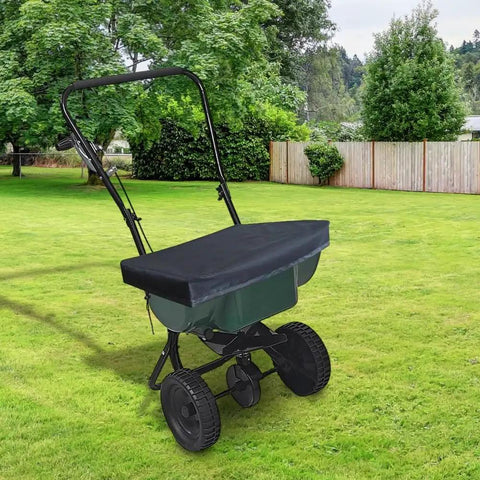 Waterproof Oxford Cloth Spreader Cover for Mini Broadcast Spreader 25.9 by 25.9 Inches with Elastic Hem Cord in a garden