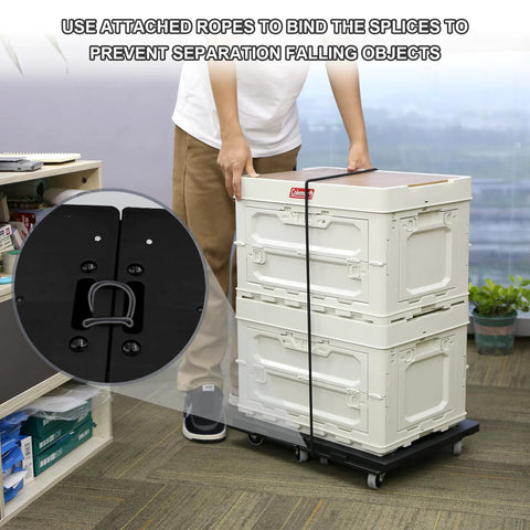 Heavy Duty Furniture Dolly With Interlocking 4 Wheel Flat Dollies moving stacked boxes, black and grey wheels visible.
