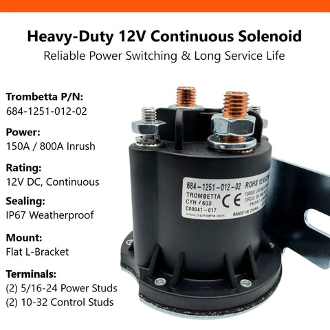 Genuine Trombetta 12V Continuous Solenoid Relay Kit For Hiniker Pierce Boss RT3 RT2 SnowDogg Snow Plow Parts Beefed Up Heavy Duty Hydraulic Pump RV Battery Isolator Liftgate Dump Trailer Winch