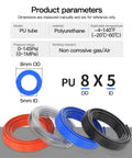 Clear 8mm OD 5mm ID Polyurethane Tubing For Pneumatic Hoses, Air Compressors And Air Pumps, product parameters displayed