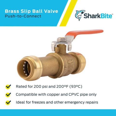 Three Quarter Inch Slip Ball Valve Push To Connect Brass Plumbing Fitting For PEX Copper CPVC PERT HDPE No Tools Needed