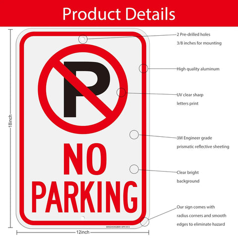 4 Pack 18 By 12 Inch No Parking Signs Made From Reflective Aluminum With Symbol, UV Protected, Rust Free, Weather Resistant