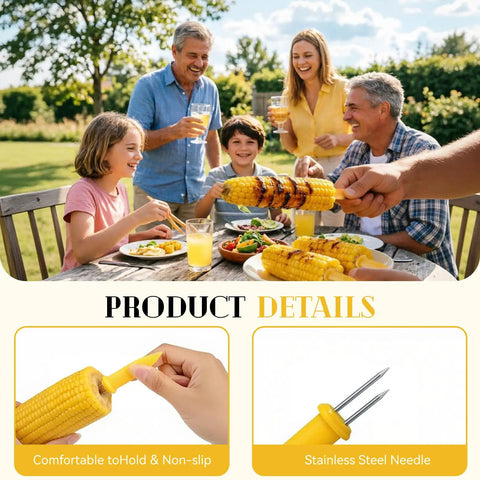 Family enjoying BBQ with Non Slip Stainless Steel Corn On The Cob Holders Set Of 20 3.54 Inch Prongs for Grillin and BBQ Cookouts