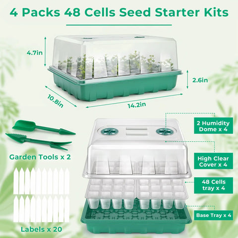 192 Cell Seed Starter Tray Kit With Humidity Vented Domes And High Lid For Indoor Greenhouse Germination, Reusable 0.8mm PVC Trays, Includes 4 Packs Seed Starter Trays, Durable, Easy Transplant, And Simple Clean Up