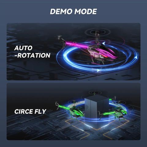 Demo mode display of Kid Friendly RC Helicopter With Dual Batteries For Up To 30 Minute Flight, showing auto-rotation and circle fly.