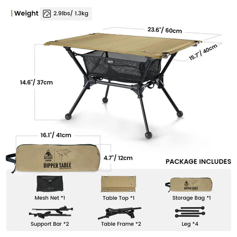 Dipper Camping Table Lightweight Portable Folding Table With Mesh Storage Net Adjustable High Low Heights with package items