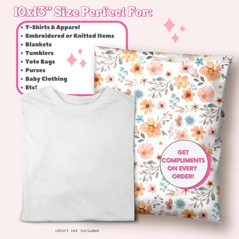 Boho Poly Mailers 10x13 Inch 100 Pack Bundle For Small Businesses And Boutiques Durable Lightweight Shipping Envelopes next to a folded shirt