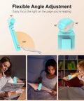 Gritin blue clip-on rechargeable reading light for books, adjustable angle, shown in three usage scenes.