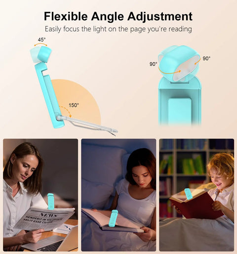 Gritin blue clip-on rechargeable reading light for books, adjustable angle, shown in three usage scenes.