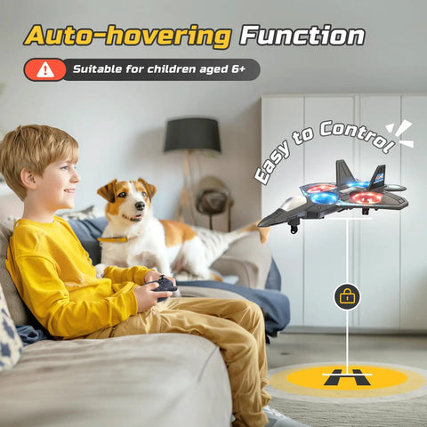 Child playing with Kids Foam RC Plane With LED Lights Remote Control Helicopter Toy Fighter Jet Auto Hover 360 Flip Easy To Fly