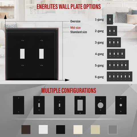 Comparison of Enerlites wall plate options featuring Double Light Wall Toggle Switch Plate 2 Gang Mid Size 4.88 x 4.92 Inches.