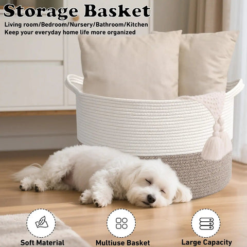 65L Large Woven Cotton Rope Laundry Basket With Reinforced Handles No Snag Edges beside sleeping dog