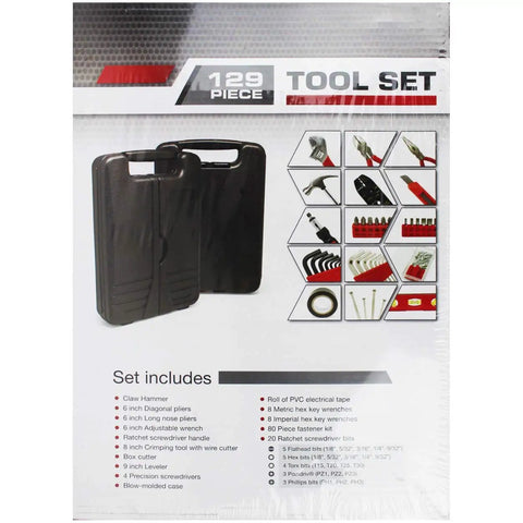 129 Piece Tool Set With Portable Storage Box In Black, Essential Hand Tools For Home, Auto And On The Go Repairs shown in packaging