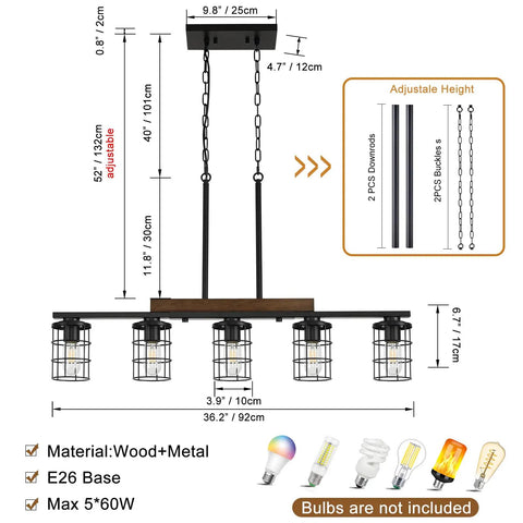 36 Inch Rustic Farmhouse Kitchen Light Fixture With Black Matte Finish, Adjustable Height 5 Light Chandelier.