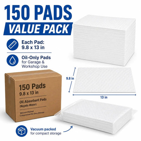 150 Pack Oil Absorbent Pads For Oil Spills And Drips, Polypropylene Oil Only Absorbent Sheets, 9.8 x 13 Inches