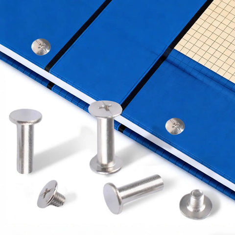 Kickass Chicago Binding Screws With Phillips Cross Head Design Heavy Duty Carbon Steel Stud Posts And Nickel Plated Rivet Kit on blue notebook.