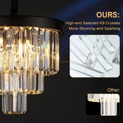 Modern Sleek 3 Tier Black Crystal Chandelier Pendant Light With Dimmable LEDs Flush Mount Ceiling Fixture Raindrop Crystal Design