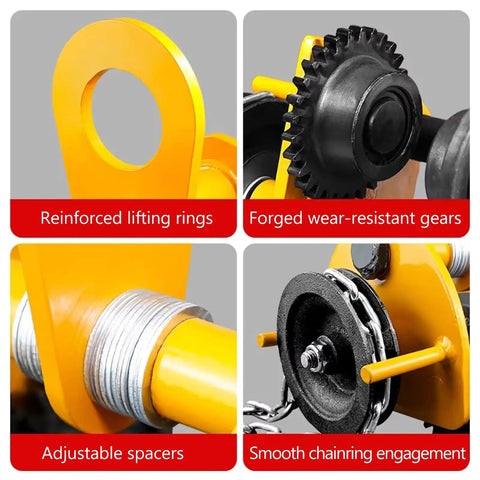 Heavy Duty Yellow Steel Push Beam Trolley For I-Beam Monorail 1-5 Ton Capacity With 3m Chain Four Durable Wheels And Gear Driven Workhorse Movement Built For Easy Smooth Transport, close-up of reinforced rings and gears