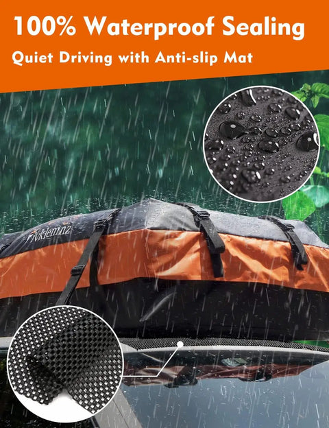 Rooftop Cargo Carrier Roof Bag Waterproof For All Vehicle Tops in rain showing anti-slip mat detail and reinforced straps.
