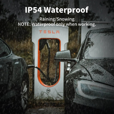 Nacs To Ccs1 Adapter For Tesla Supercharger delivering 250 kilowatts lightning fast charging at a Tesla charging station in the rain.
