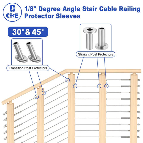 Stainless Steel Protector Sleeve For Cable Railing System One Eighth Inch Wire Rope Kit 100 Pack For Wood Posts Diy Deck Balustrade Protective Sleeve With Drill Bit showing transition and straight post protectors on wooden railings.