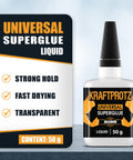 All Purpose Adhesive Glue 50G XXL Value Size Industrial Strength Bond For Plastic Wood Metal Rubber Ceramic Leather Fast Set Repair That Delivers Heavy Duty Fixes For Everyday DIY Wins bottle next to features list