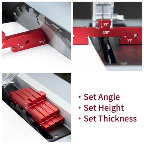 Router Table Setup Bars 14 Piece Aluminum Precision Blocks with height gauge on router table for angle and height adjustments