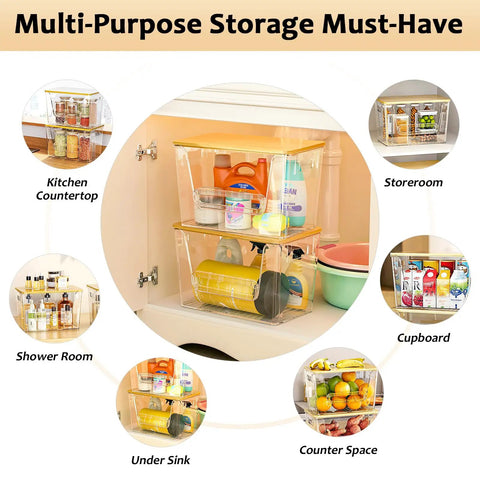 No Fuss Pantry Organizers With Bamboo Lids And Heavy Duty Trash Bag Dispenser For Four Through Thirteen Gallon Rolls Stackable Under Sink Storage Bins showing storage bins used in kitchen, shower, and pantry.