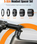 Heavy Duty Pro Grade Bicycle Headset Press Tool With Aluminum Alloy Construction And Anodized Finish For Pressing In Headset Cups And Bottom Brackets Compatible With Most Headset Systems Includes One And One Eighth Inch Carbon Fiber Spacers In Five Sizes shown with bike stem and spacers in 3mm, 5mm, 10mm, 15mm, 20mm sizes