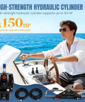 Man steering boat with Beefed Up 150HP Outboard Hydraulic Steering Kit With Hydraulic Pump Cylinder Two 26 Foot Nylon Hoses And Plug And Play Installation Accessories For Smooth Responsive Boat Handling.