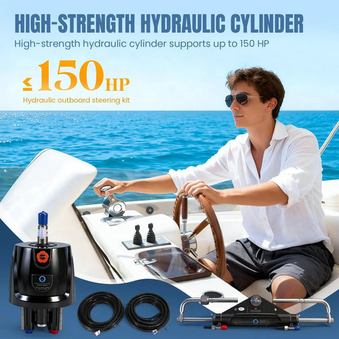 Man steering boat with Beefed Up 150HP Outboard Hydraulic Steering Kit With Hydraulic Pump Cylinder Two 26 Foot Nylon Hoses And Plug And Play Installation Accessories For Smooth Responsive Boat Handling.