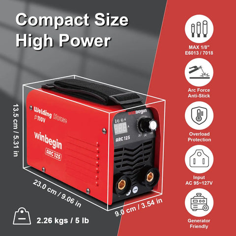 Image showing 125A 110V Mini Arc Welder With True 125A Output For DIYers On The Go Portable IGBT Inverter Stick Welder in red, compact and lightweight.