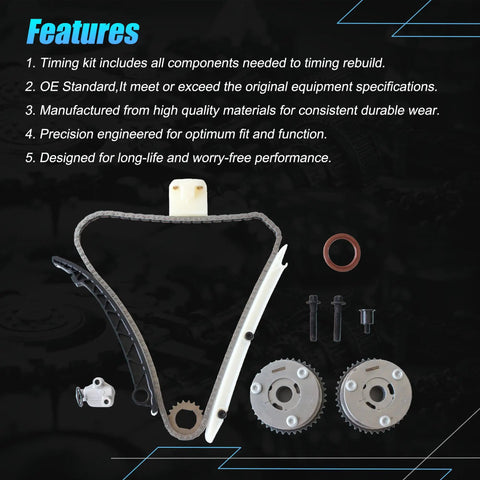 Workhorse Timing Chain Kit With Heavy Duty Sprocket Gears includes timing chain, tensioner, guide rails for L4 1.4L 1.6L engines.