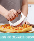 Coowolf Ulu Mezzaluna knife with walnut wood handle and stainless blade slicing pizza