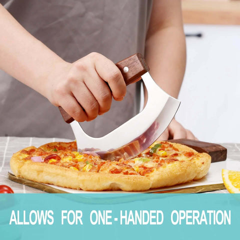 Coowolf Ulu Mezzaluna knife with walnut wood handle and stainless blade slicing pizza