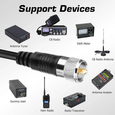 RG58 Coax Cable For HAM Radio And CB Antennas 10ft PL259 UHF male shown with radio devices, tuner, meter, antennas
