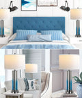 Set Of 2 Ombre Indigo Glass Table Lamps With USB Ports, LED Bulbs Included, shown in bedroom and living room settings.