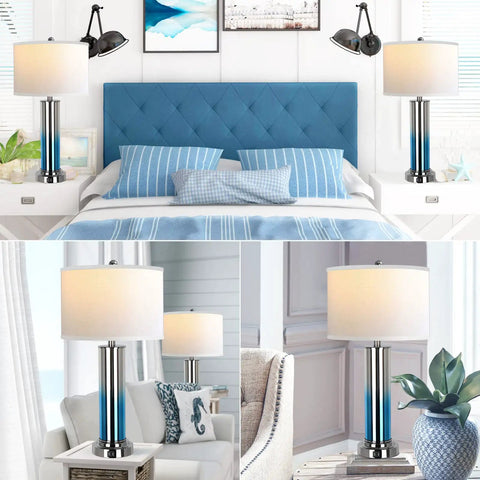 Set Of 2 Ombre Indigo Glass Table Lamps With USB Ports, LED Bulbs Included, shown in bedroom and living room settings.