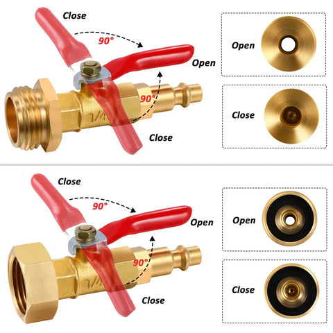Winterize Blowout Adapter With 1/4 Inch Quick Connect To 3/4 Inch GHT Thread Ball Valve for freeze proof garden hose, showing open and close positions.