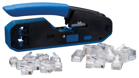 Pro Grade Multi Function Data And Voice Crimp Tool Kit For CAT3 CAT5e CAT6 Cables With RJ45 And RJ11 Modular Plugs, Cuts Strips And Crimps, Fixed Die Cavities, Includes 20 Plugs For Quick, Reliable Terminations.