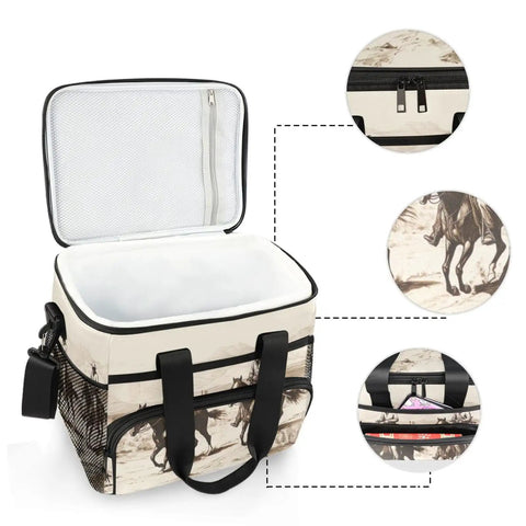 Desert Cowboys Insulated Lunch Bag With Shoulder Strap, open view showing PEVA liner, tear-resistant material highlight