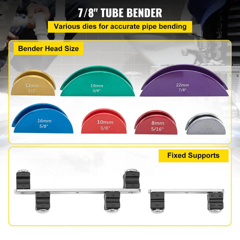 Pro Grade Copper Pipe Bender With Six Colorful Dies For One Quarter To Seven Eighths Inch Tubes And Six To Twenty Two Millimeters