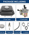 Fuel Tank And Carburetor Kit For 212cc 196cc Go Kart Mini Bike Engines Six Point Five HP GX160 GX200 Coleman CT200U BT200X KT196 Baja Warrior Massimo MB200 Black, showing components including fuel tank, carburetor, spark plug, filter, and gaskets.