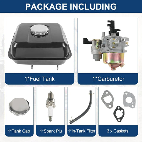 Fuel Tank And Carburetor Kit For 212cc 196cc Go Kart Mini Bike Engines Six Point Five HP GX160 GX200 Coleman CT200U BT200X KT196 Baja Warrior Massimo MB200 Black, showing components including fuel tank, carburetor, spark plug, filter, and gaskets.